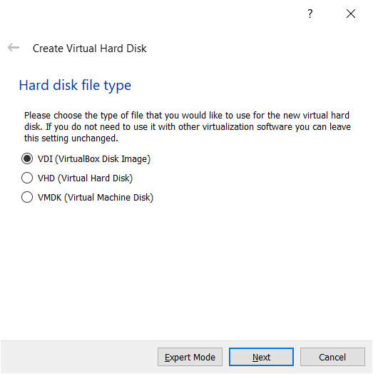 VirtualBox - Hard disk file type