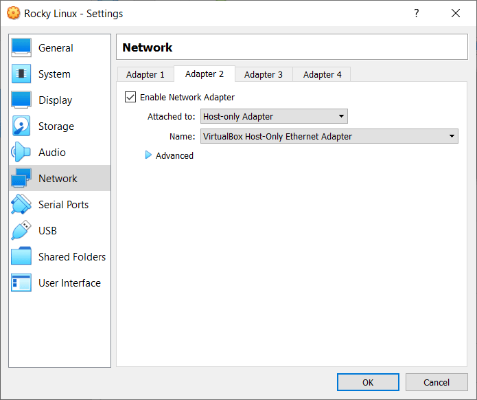 VirtaulBox - Network settings - Adapter 2
